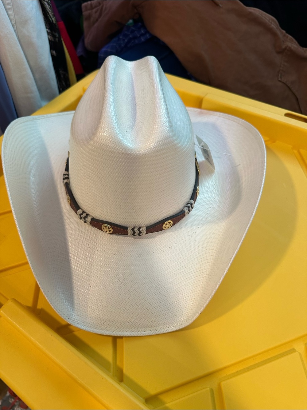 White Straw Cowboy Hat with Decorative Band